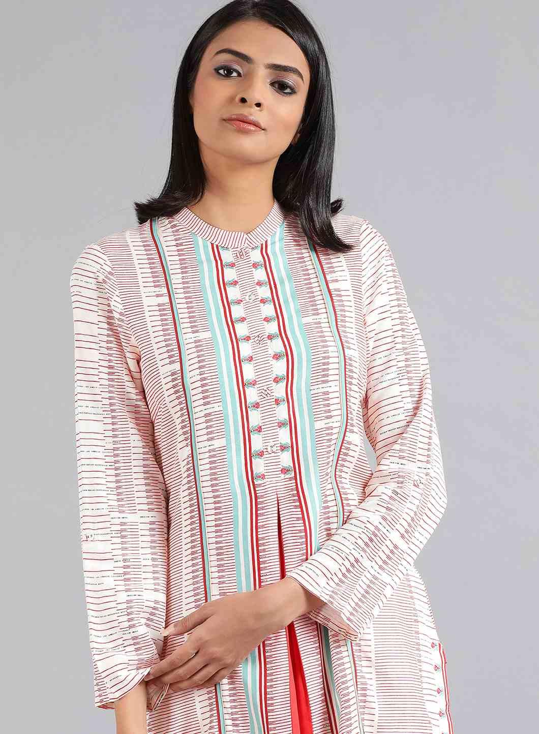 White Mandarin Neck Printed kurta - wforwoman