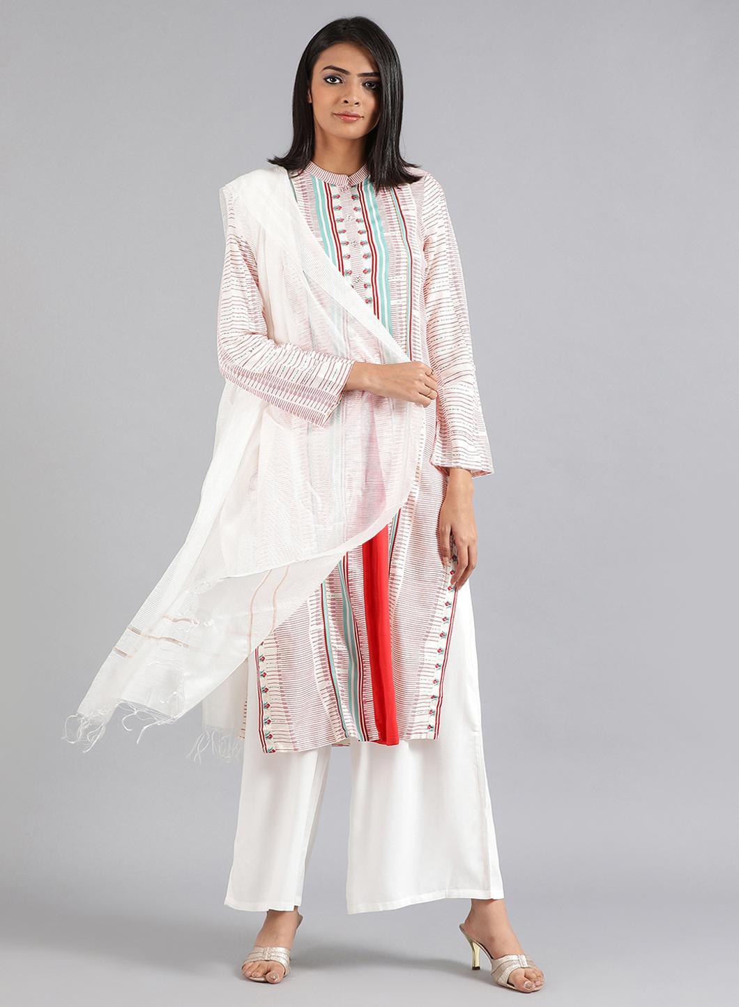 White Mandarin Neck Printed kurta - wforwoman