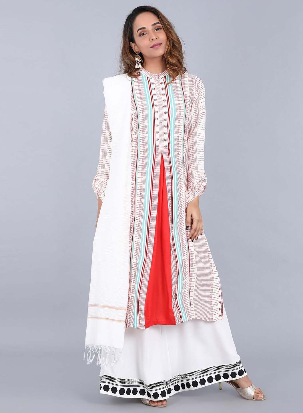 White Mandarin Neck Printed kurta - wforwoman