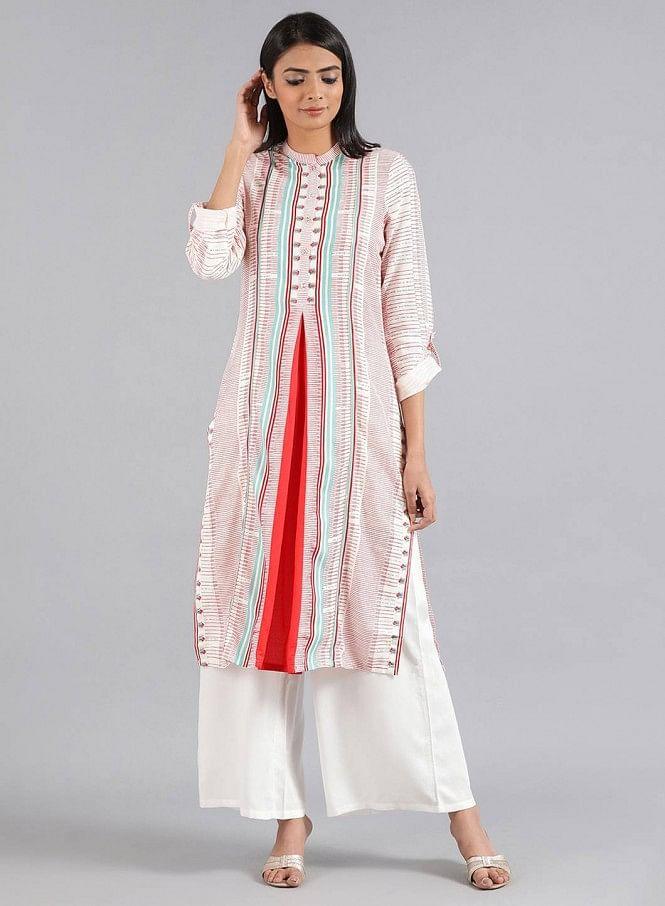 White Mandarin Neck Printed kurta - wforwoman