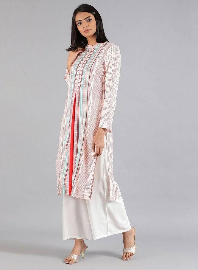 White Mandarin Neck Printed kurta - wforwoman