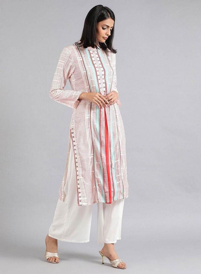 White Mandarin Neck Printed kurta - wforwoman