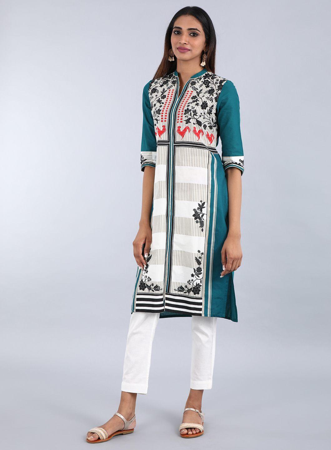 Teal Mandarin Neck Printed kurta - wforwoman