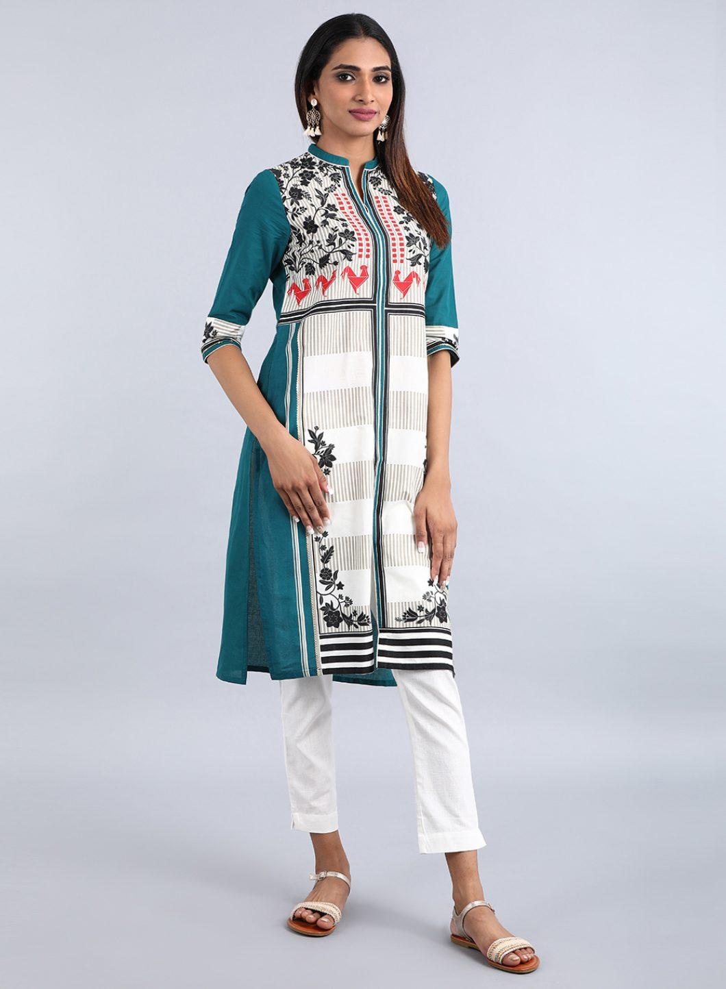 Teal Mandarin Neck Printed kurta - wforwoman