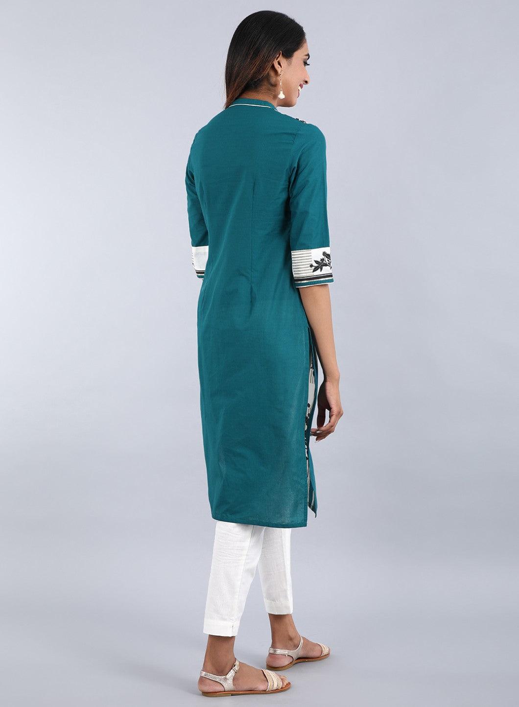 Teal Mandarin Neck Printed kurta - wforwoman