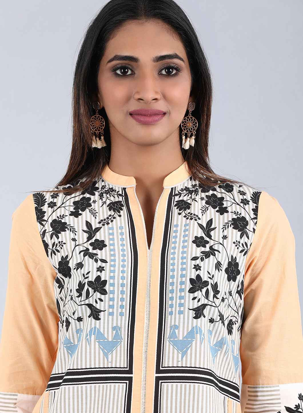 Orange Mandarin Neck Printed kurta