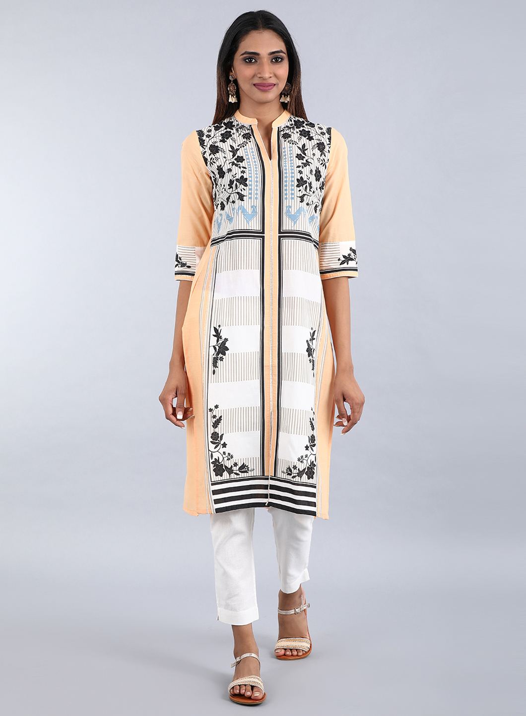 Orange Mandarin Neck Printed kurta