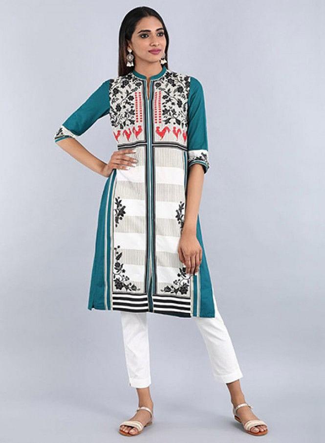 Teal Mandarin Neck Printed kurta - wforwoman