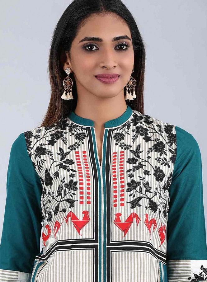 Teal Mandarin Neck Printed kurta - wforwoman