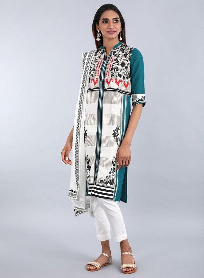 Teal Mandarin Neck Printed kurta - wforwoman