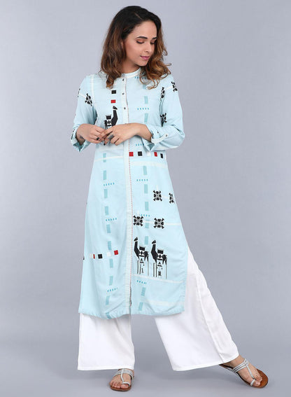 Light Blue Mandarin Neck Printed kurta - wforwoman