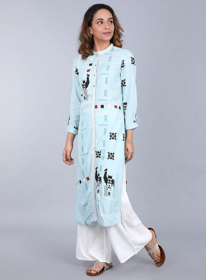 Light Blue Mandarin Neck Printed kurta - wforwoman