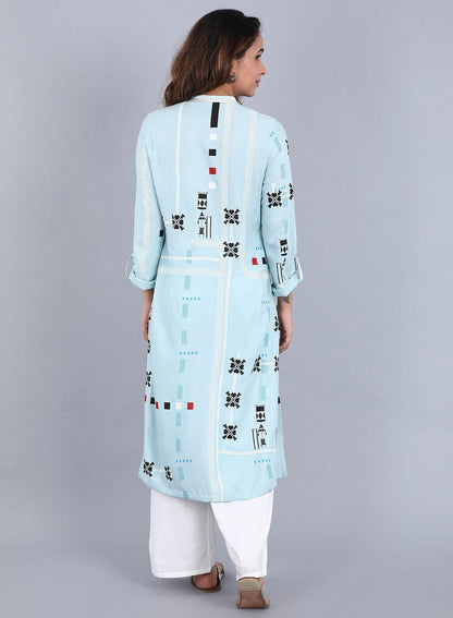 Light Blue Mandarin Neck Printed kurta - wforwoman