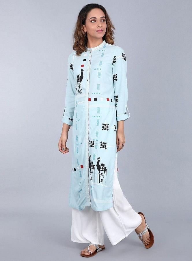 Light Blue Mandarin Neck Printed kurta - wforwoman