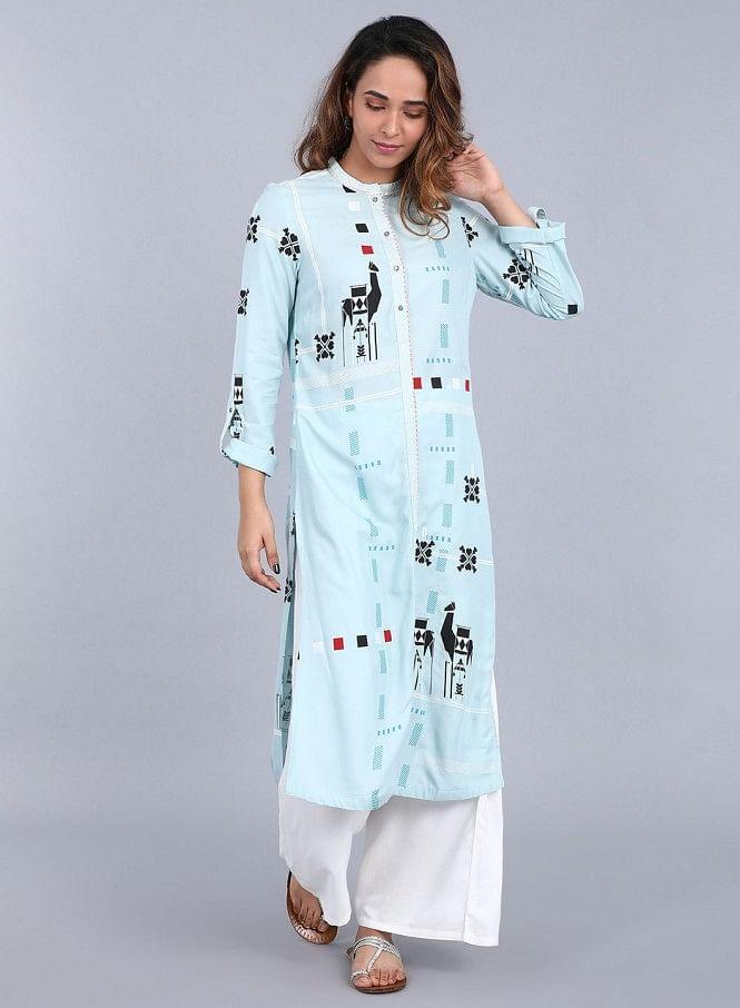 Light Blue Mandarin Neck Printed kurta - wforwoman