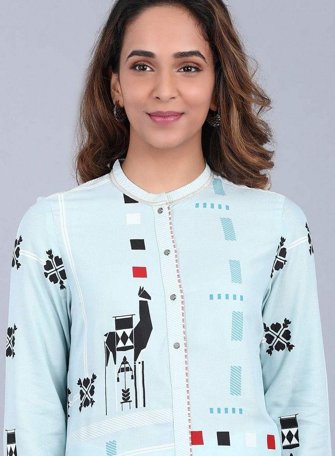 Light Blue Mandarin Neck Printed kurta - wforwoman