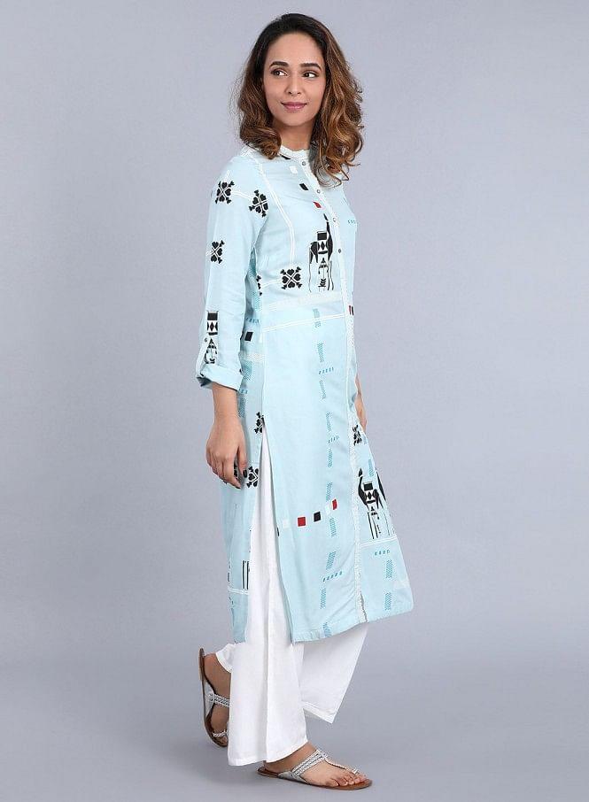 Light Blue Mandarin Neck Printed kurta - wforwoman