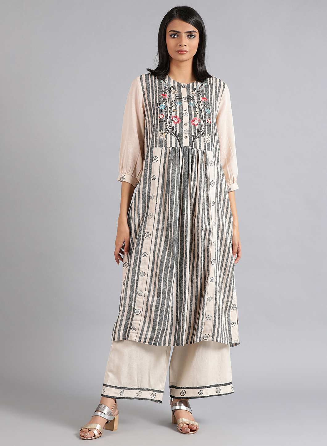 Grey Round Neck Printed kurta