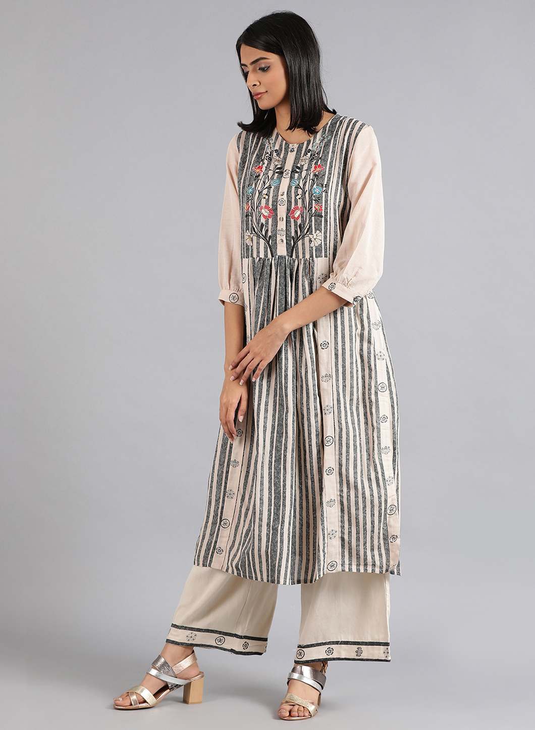 Grey Round Neck Printed kurta