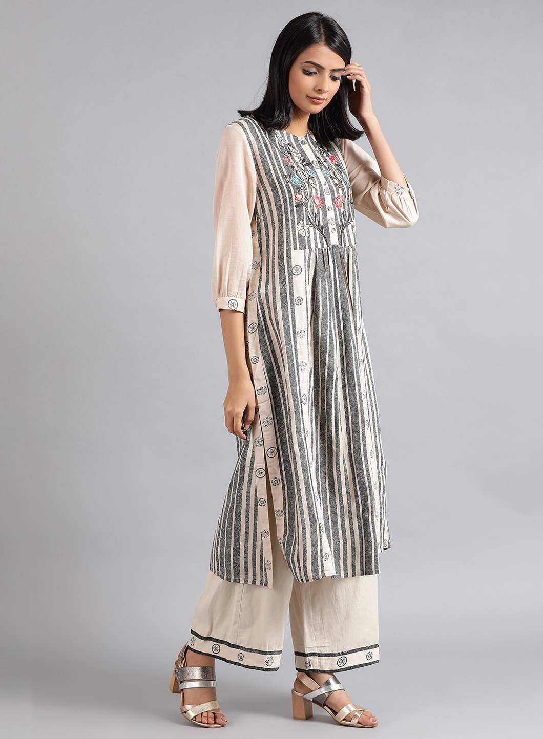 Grey Round Neck Printed kurta