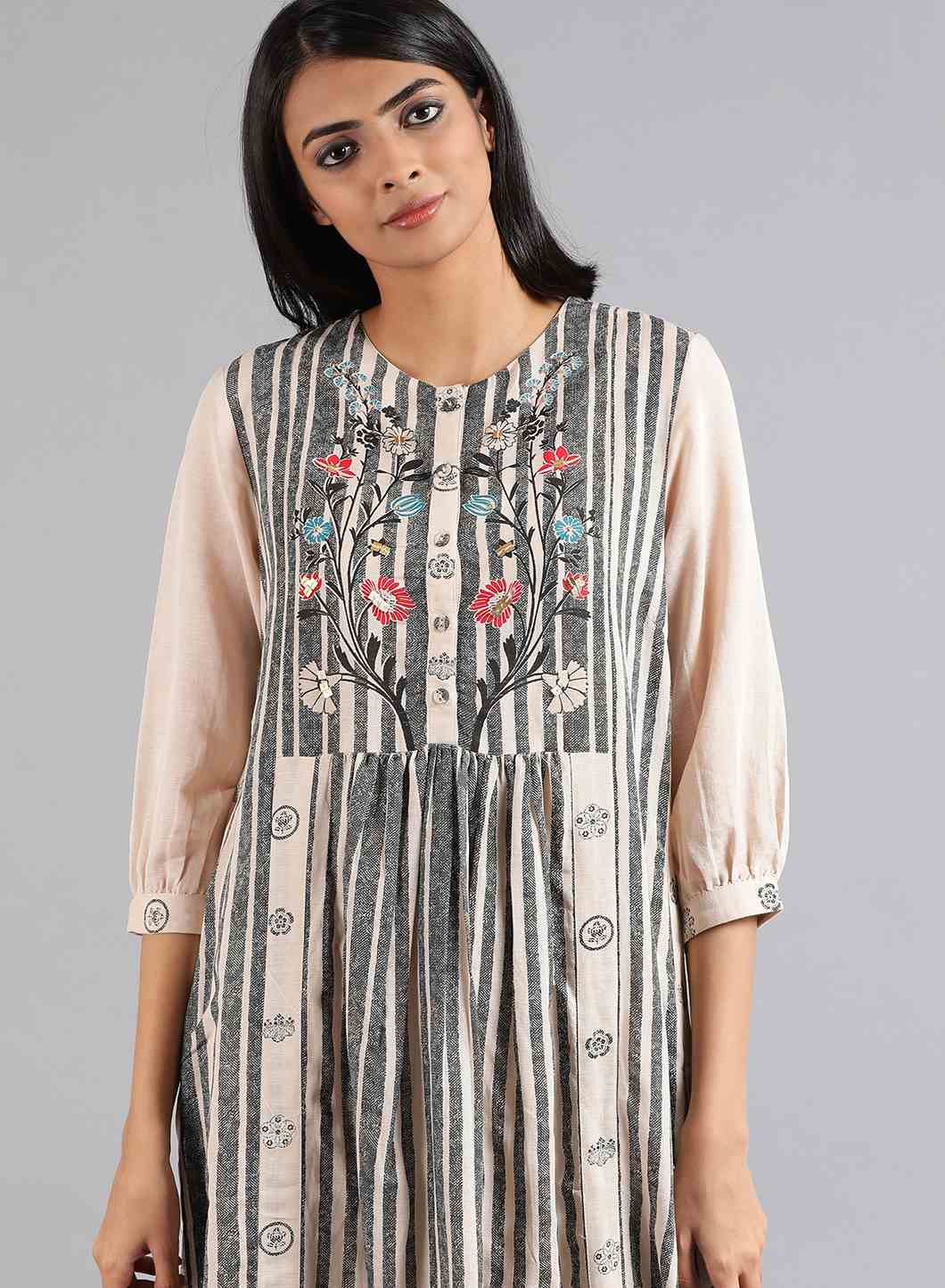 Grey Round Neck Printed kurta