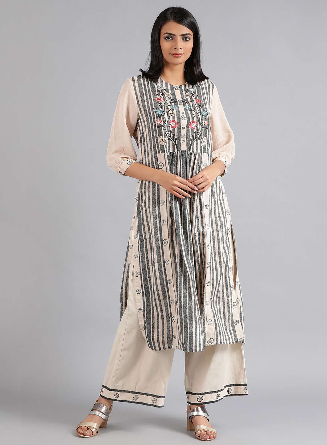 Grey Round Neck Printed kurta