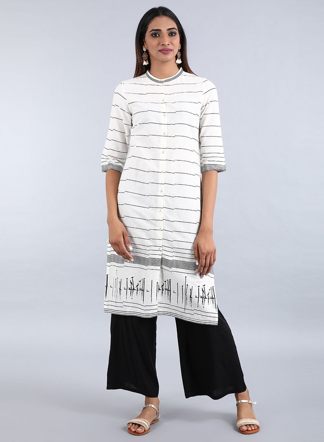 White Mandarin Neck Striped kurta