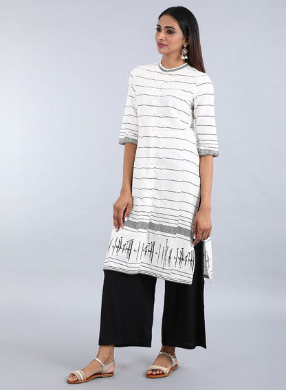 White Mandarin Neck Striped kurta