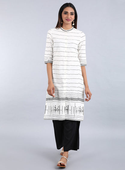 White Mandarin Neck Striped kurta