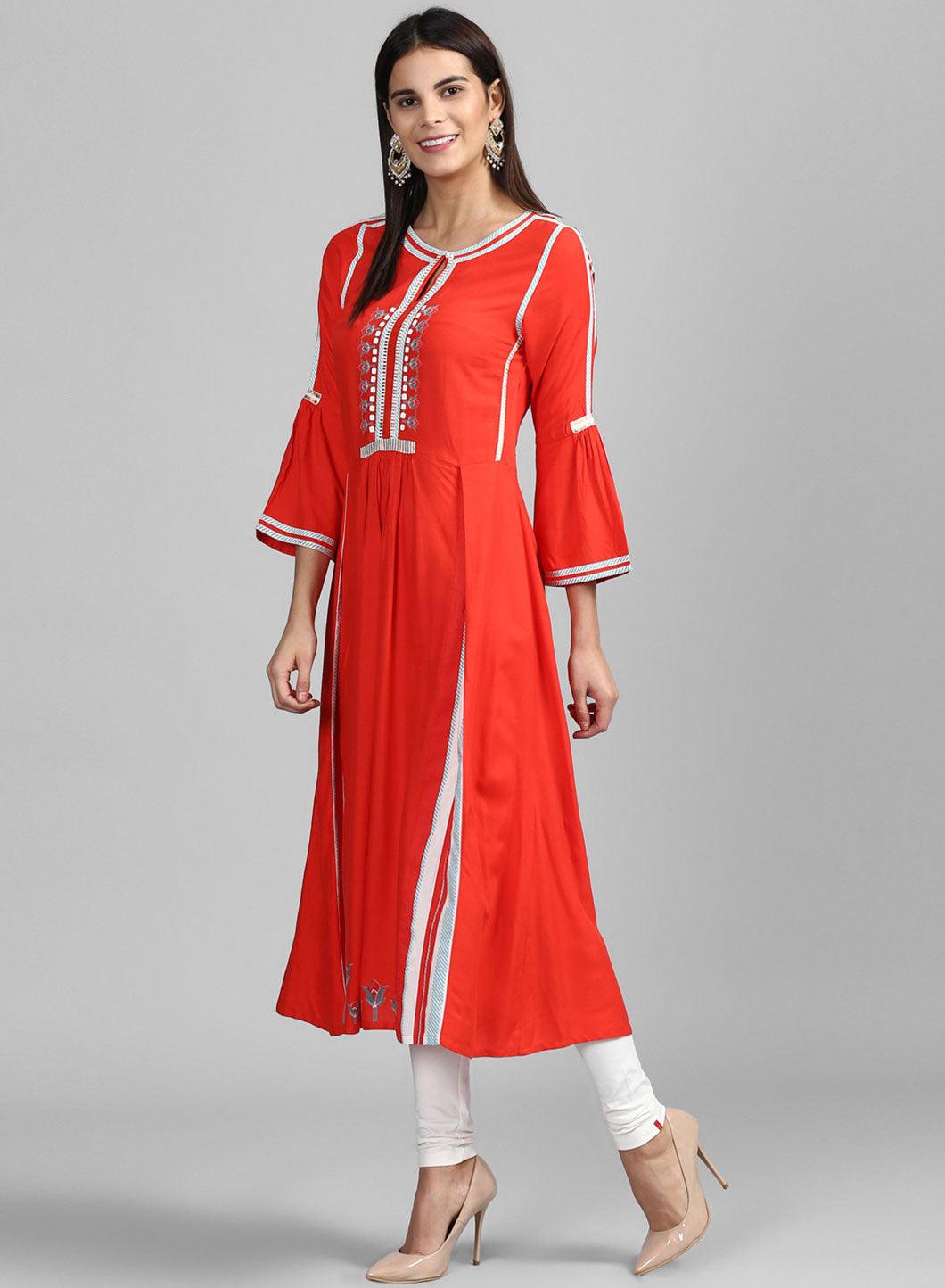 Red Round Neck Floral Print kurta - wforwoman