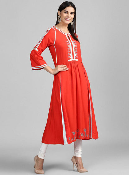 Red Round Neck Floral Print kurta - wforwoman