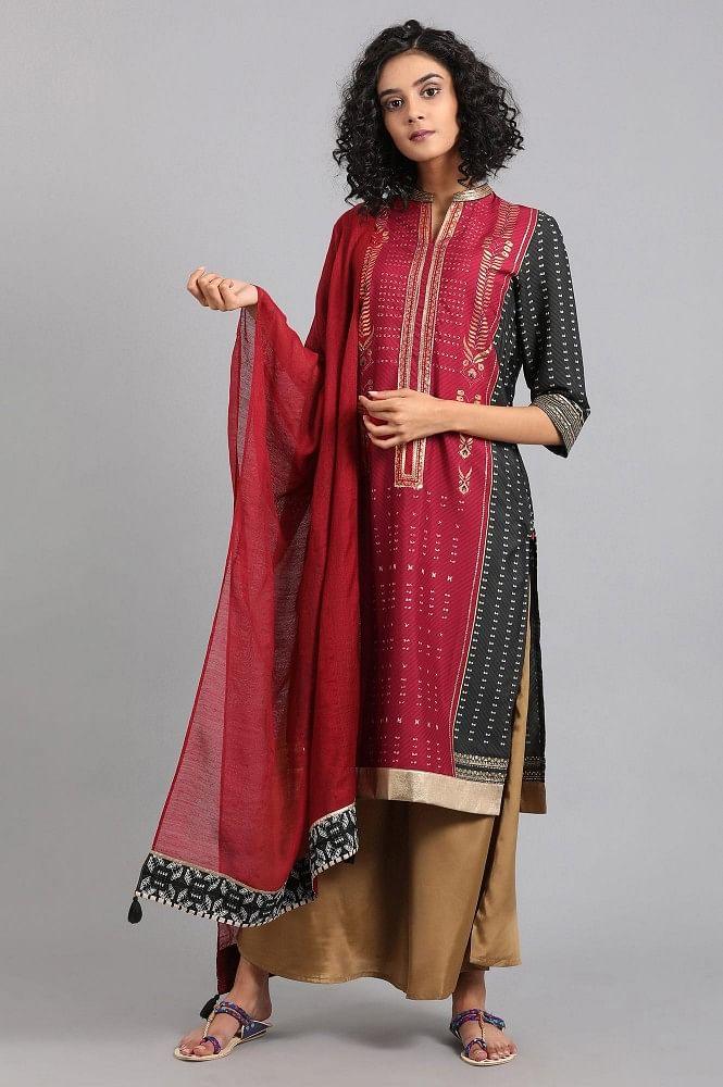 Maroon Mandarin Neck Printed kurta - wforwoman