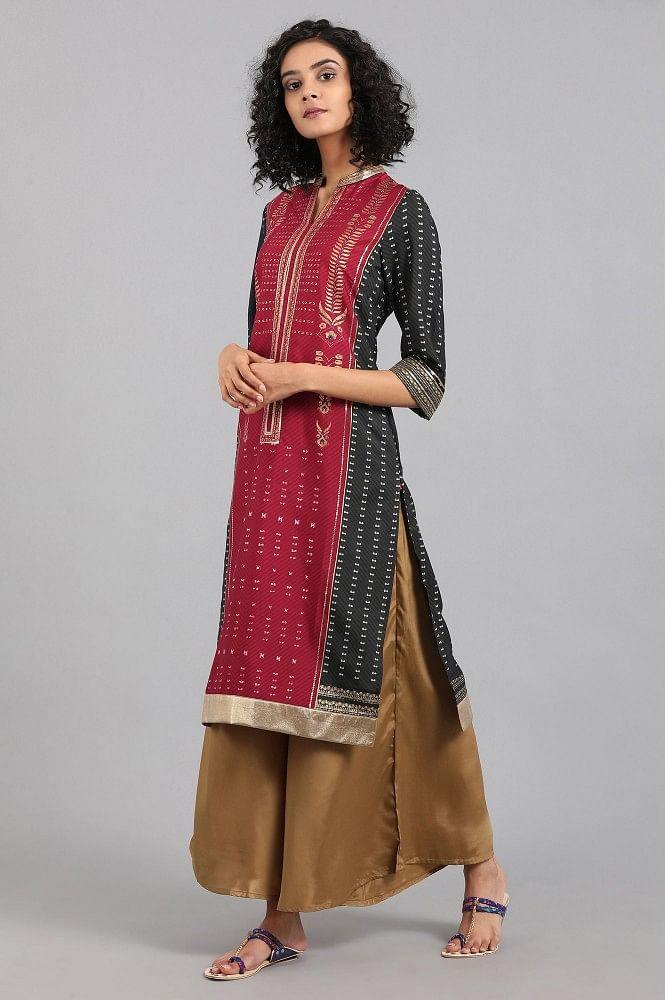 Maroon Mandarin Neck Printed kurta - wforwoman