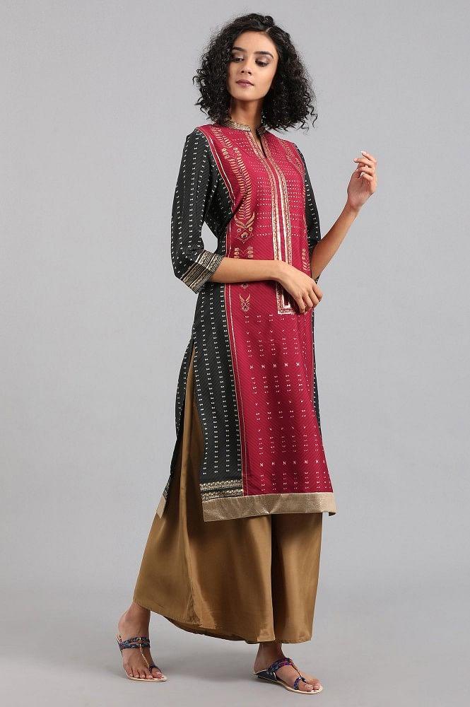 Maroon Mandarin Neck Printed kurta - wforwoman