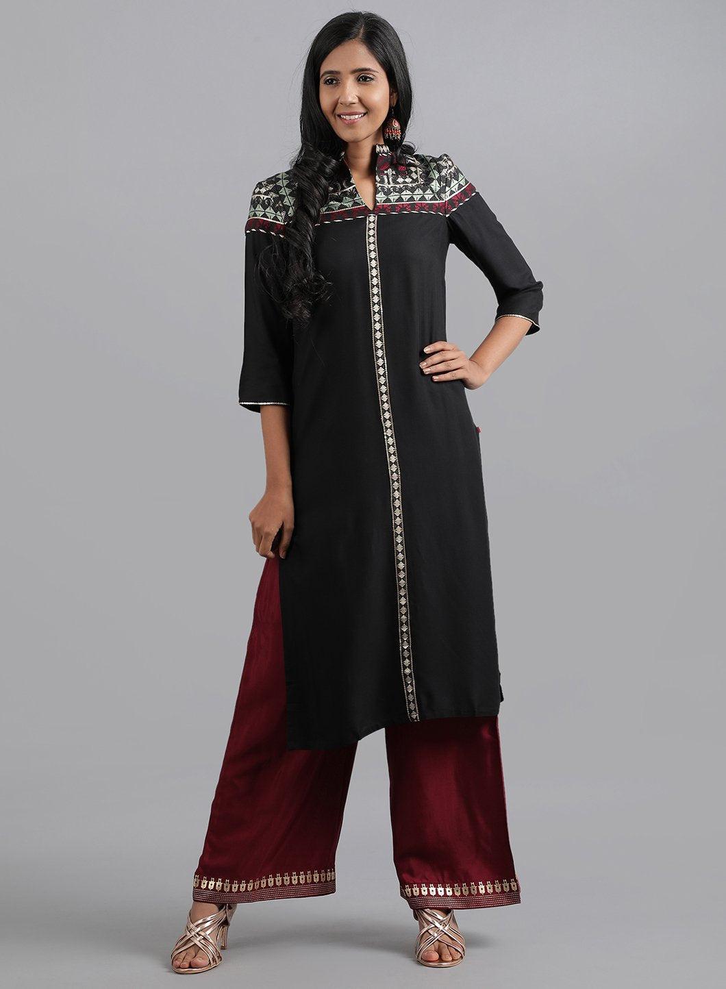 Black Mandarin Neck Dobby kurta - wforwoman