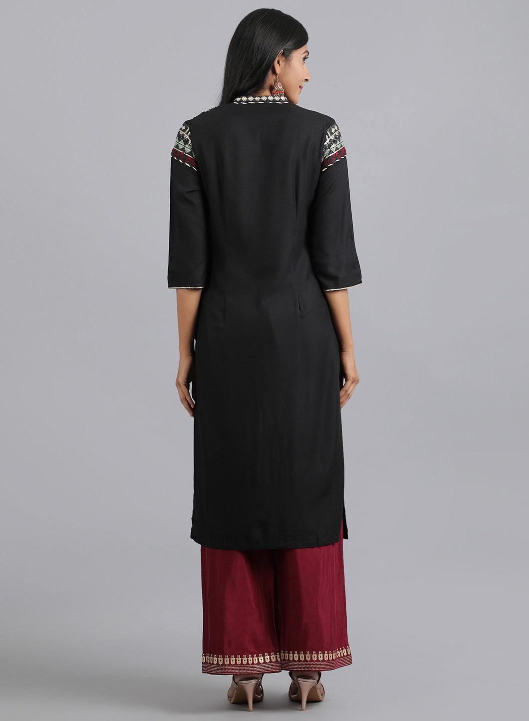 Black Mandarin Neck Dobby kurta - wforwoman