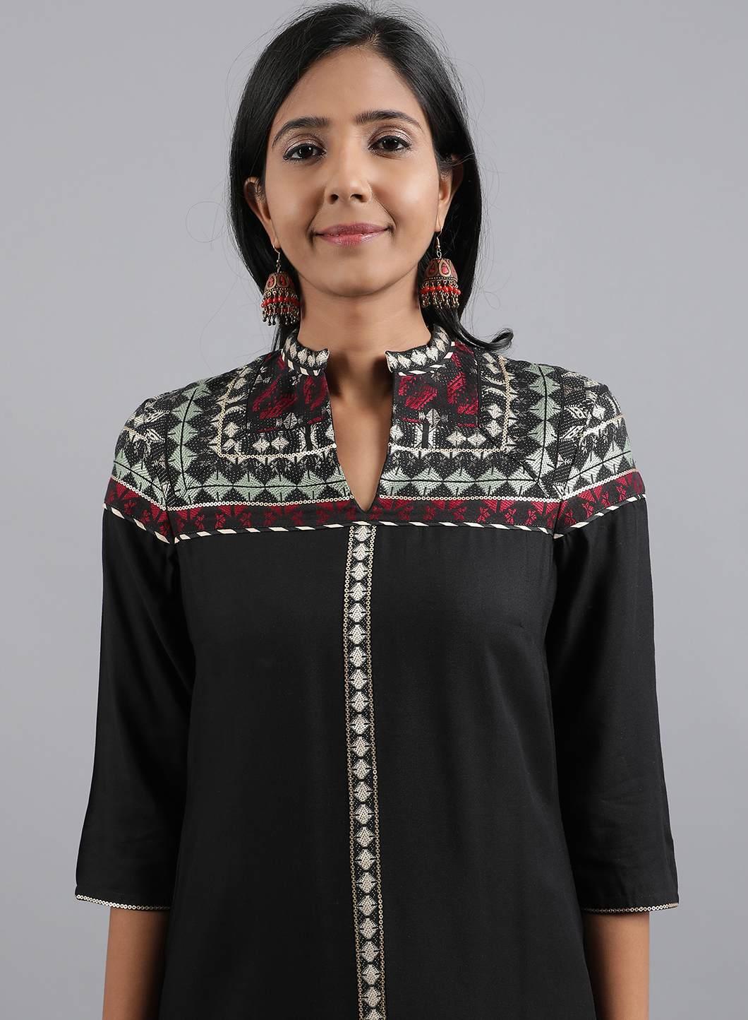 Black Mandarin Neck Dobby kurta - wforwoman