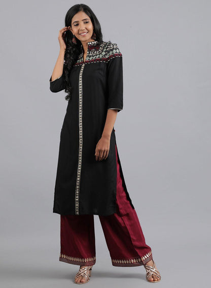 Black Mandarin Neck Dobby kurta - wforwoman