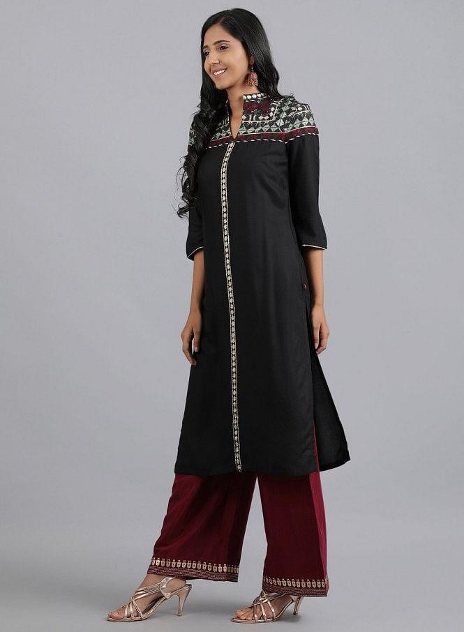 Black Mandarin Neck Dobby kurta - wforwoman