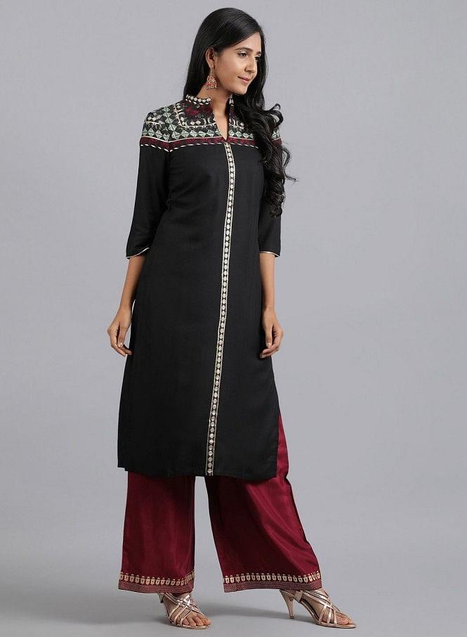 Black Mandarin Neck Dobby kurta - wforwoman