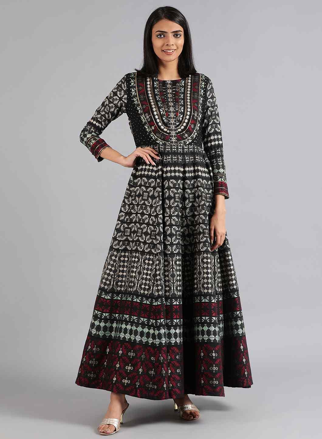 Black Boat Neck Full Sleeve kurta Dress - wforwoman