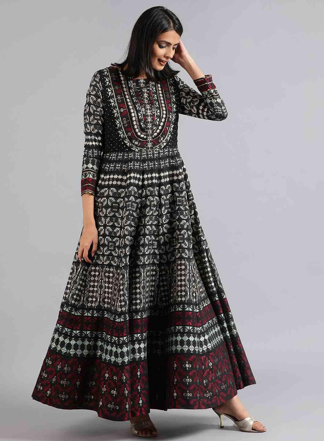 Black Boat Neck Full Sleeve kurta Dress - wforwoman