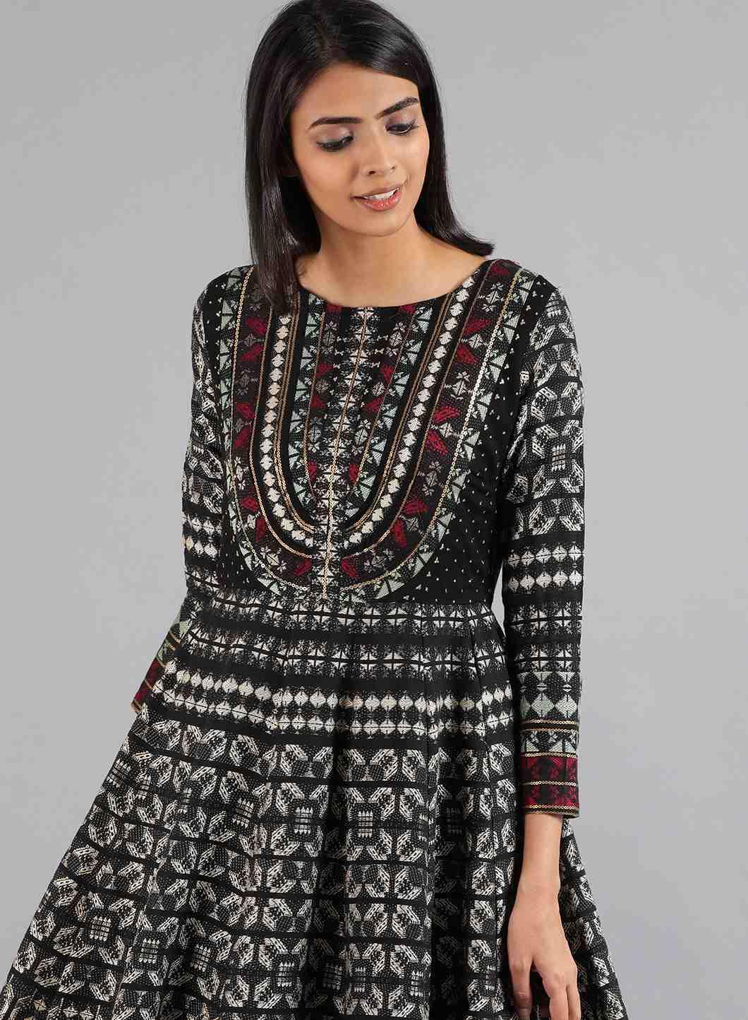 Black Boat Neck Full Sleeve kurta Dress - wforwoman