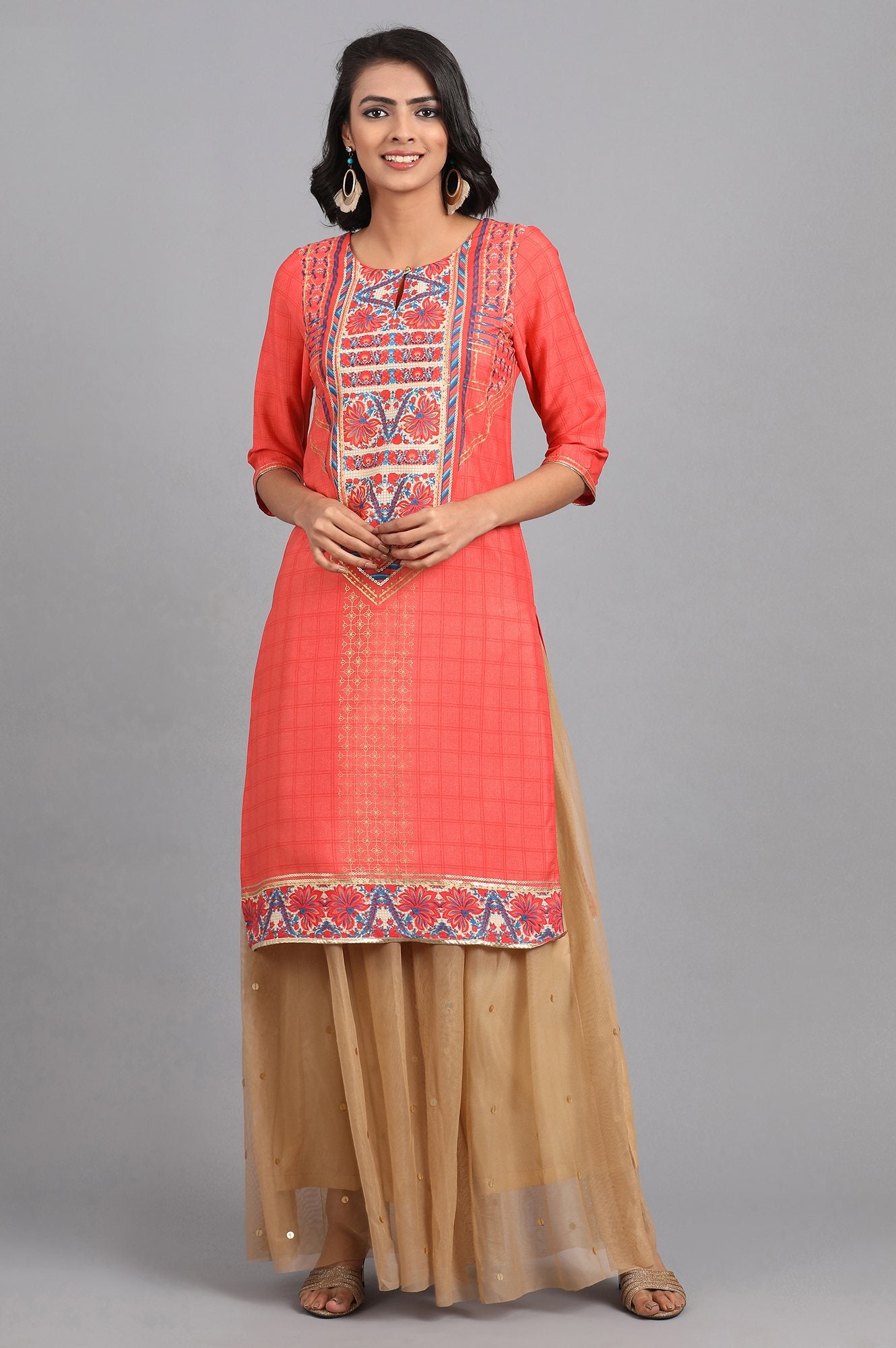 Orange Round Neck Printed kurta