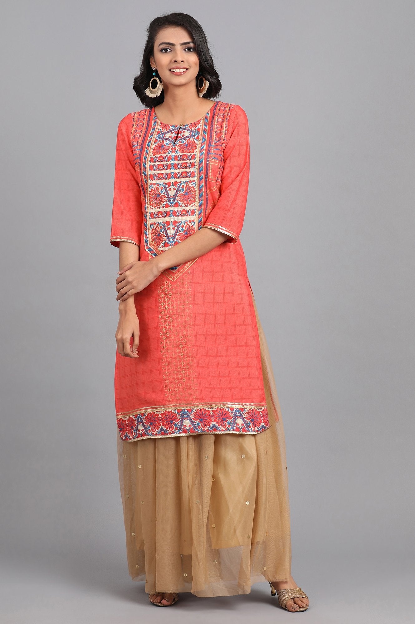 Orange Round Neck Printed kurta