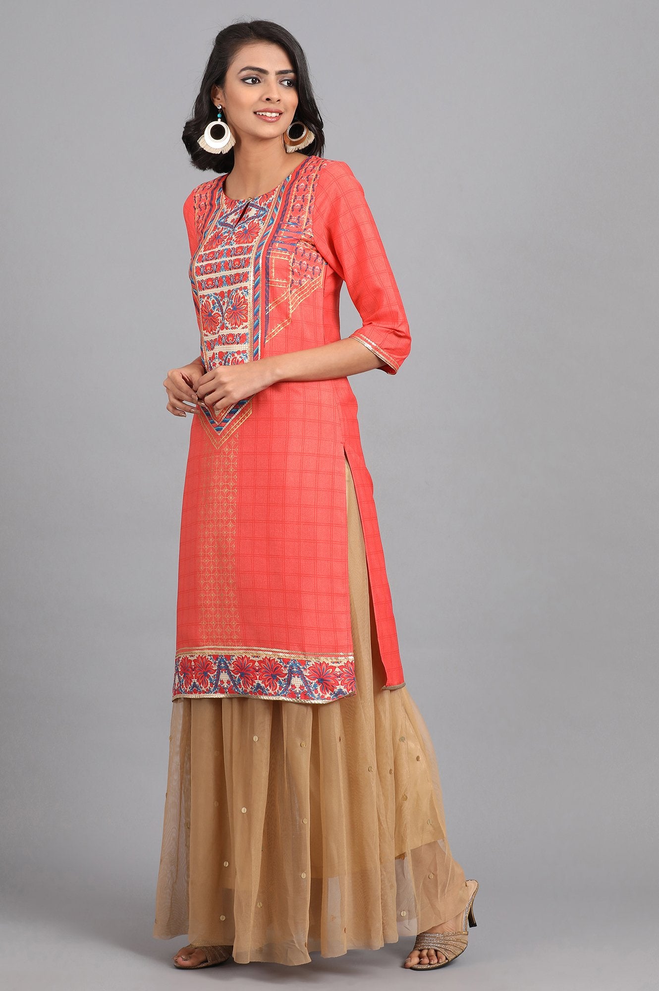 Orange Round Neck Printed kurta