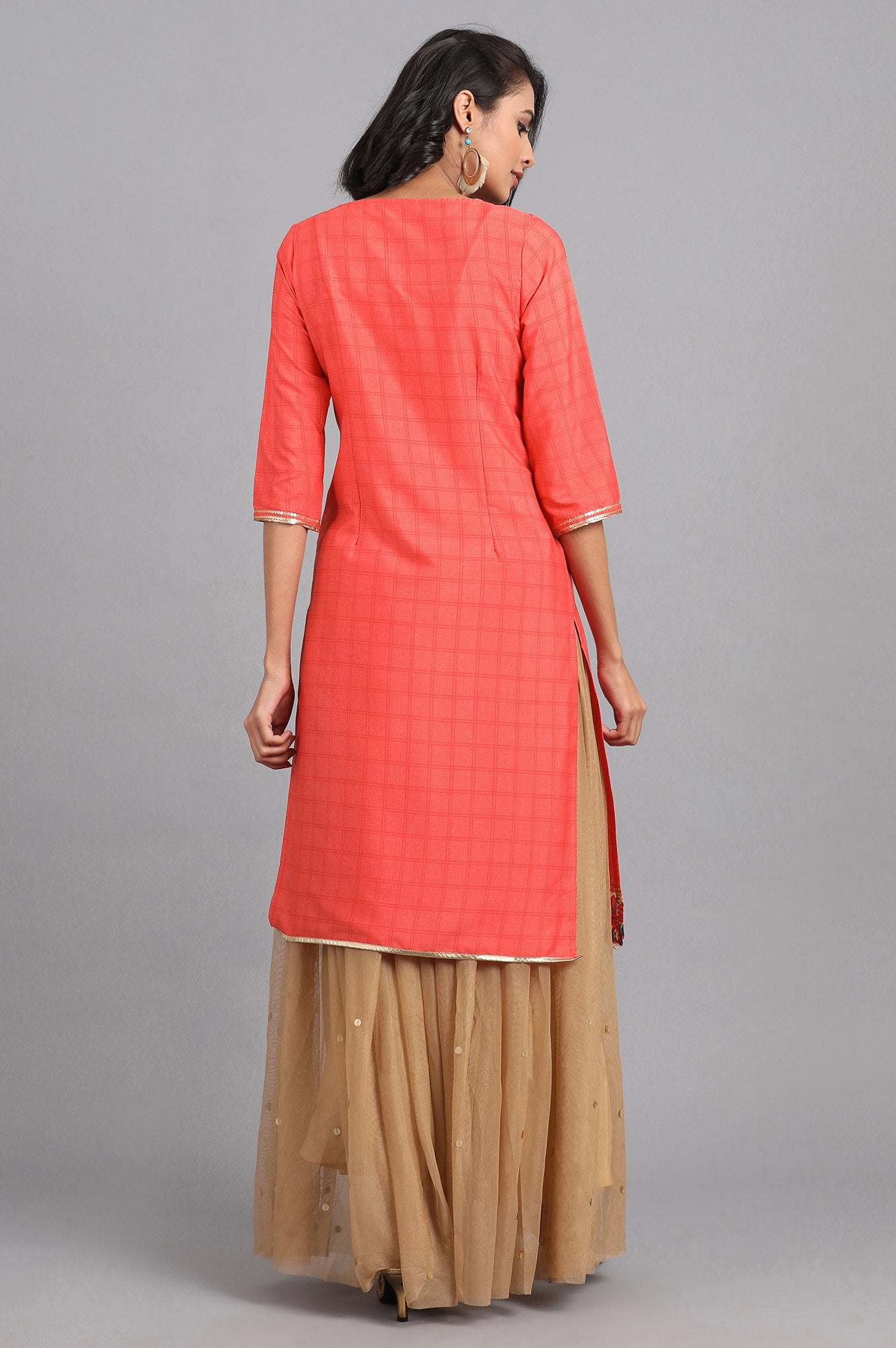 Orange Round Neck Printed kurta