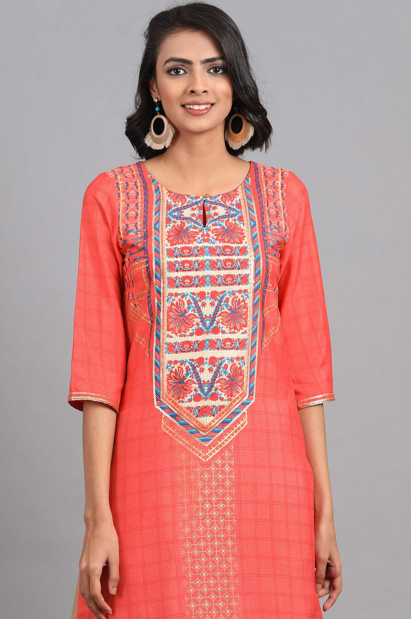 Orange Round Neck Printed kurta