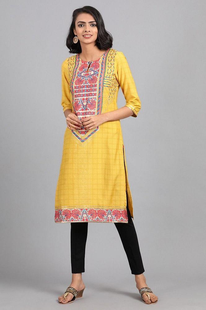 Yellow Round Neck Printed kurta - wforwoman