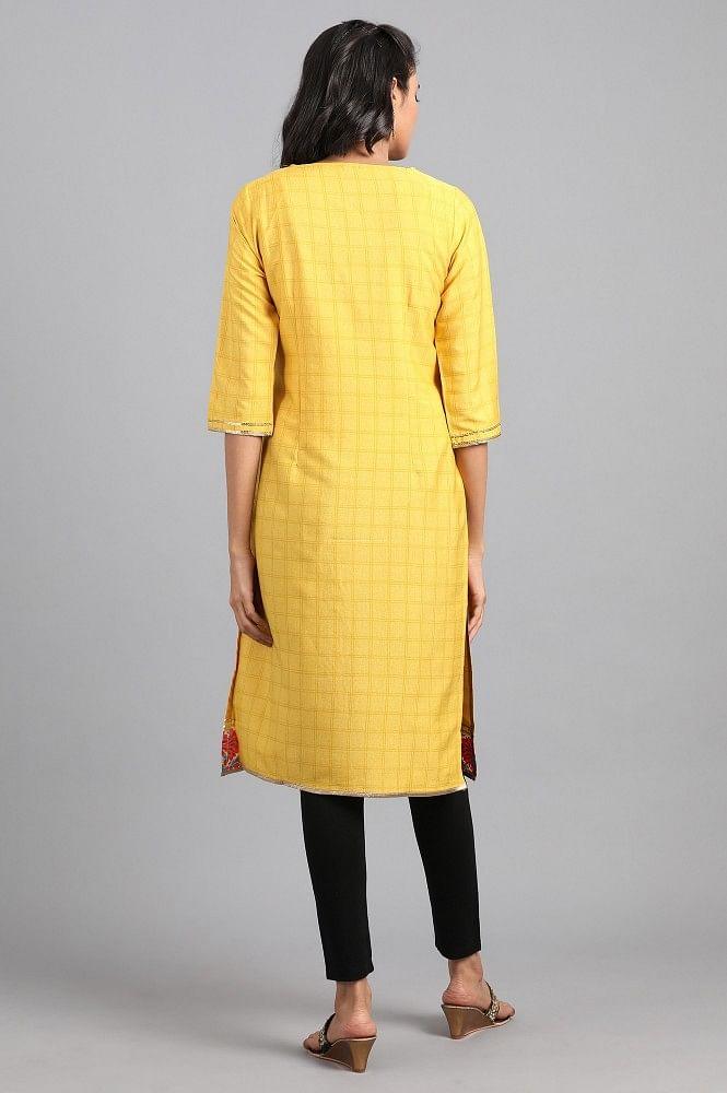 Yellow Round Neck Printed kurta - wforwoman